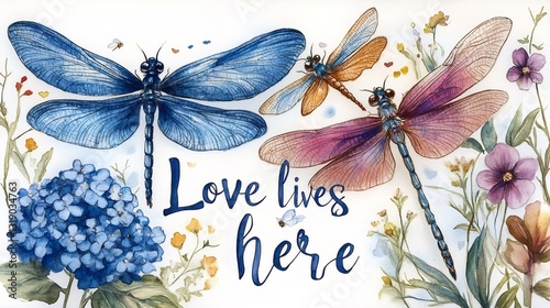 Colorful dragonflies and flowers illustrating love lives here concept