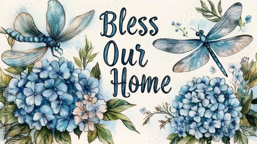 Dragonflies and hydrangeas blessing our home watercolor illustration