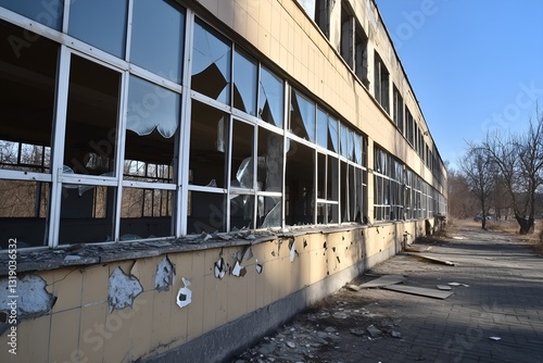 Abandoned building with broken windows and damaged walls, urban decay and destruction scene