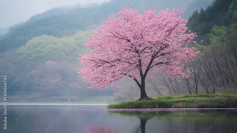 A beautiful blooming pink tree stands beside tranquil waters and trees A beautiful blooming pink tree stands beside tranquil waters and trees