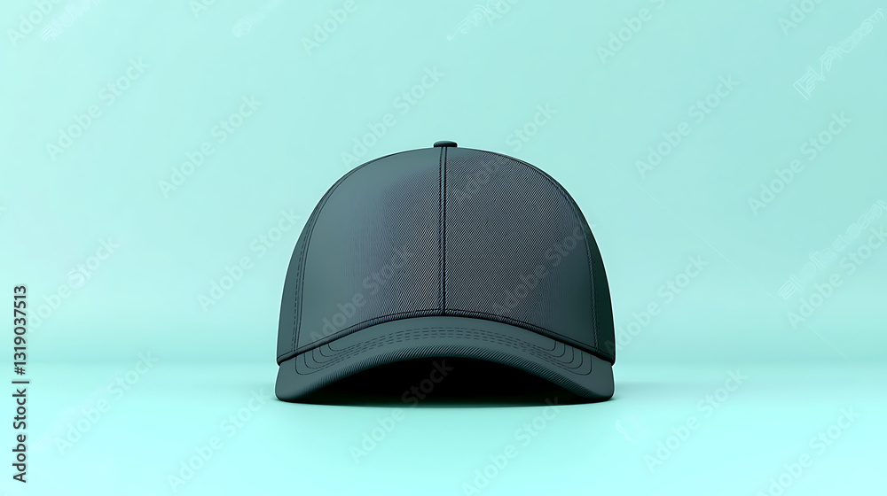 Simple dark baseball cap centered on a light cyan-colored background creating a clean modern aesthetic. Simple dark baseball cap centered on a light cyan-colored background creating a clean modern aesthetic.
