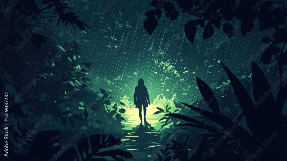 Fototapeta premium A lone figure traverses a jungle path, illuminated by a soft green light.