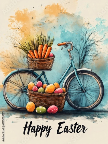 Vintage bicycle carrying easter eggs and carrots in baskets, happy easter