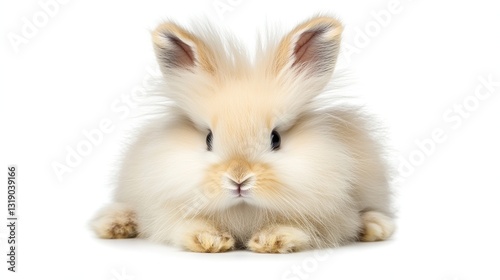 Fluffy Lionhead rabbit studio shot, white background, pet