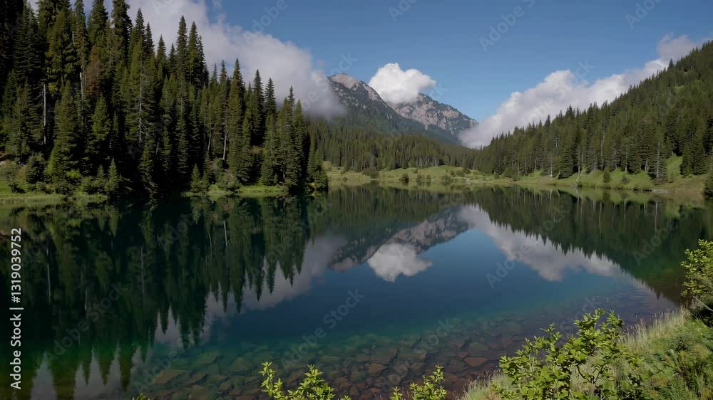 Serene mountain lake reflecting pine forest and sky, peaceful nature scene Serene mountain lake reflecting pine forest and sky, peaceful nature scene