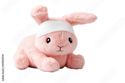 A cute pink plush bunny with a white headband, transparent background.