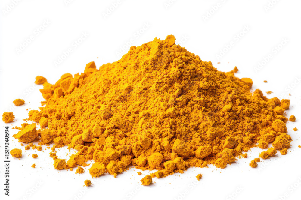 Vibrant yellow turmeric powder in a heap, perfect for culinary and health uses. isolated on white background. Vibrant yellow turmeric powder in a heap, perfect for culinary and health uses. isolated on white background.