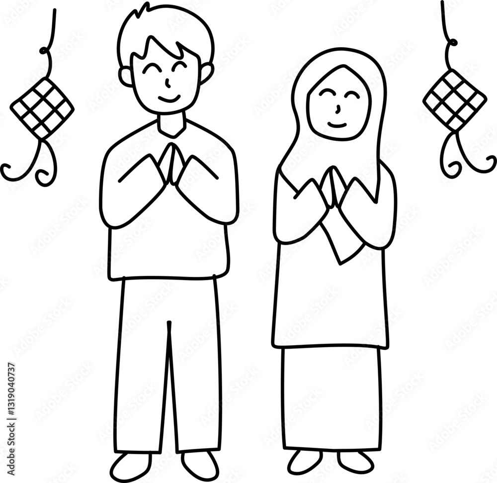 Muslim couple eid greeting outline