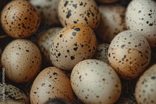 Close-up of speckled quail eggs in varied patterns. AI generated