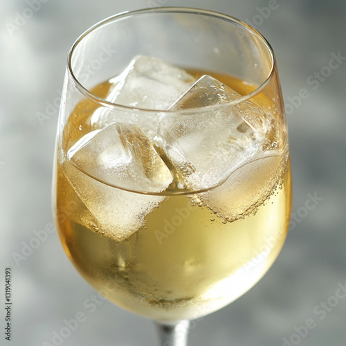 a classic white wine glass filled with large, crystal-clear ice cubes, floating elegantly in chilled, pale golden white wine.  