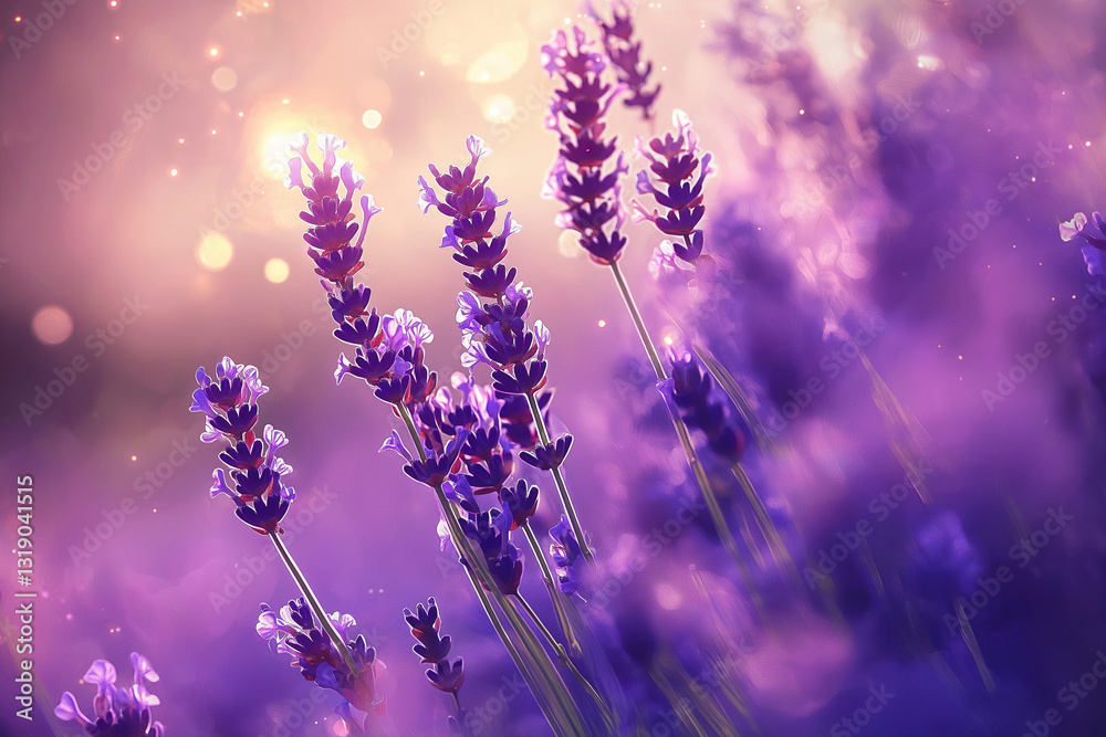 Naklejka premium vivid lavender field, emphasizing the beauty of the flowers in full bloom. It captures the natural allure and tranquility of a lavender landscape, with a focus on the vibrant purple tones.