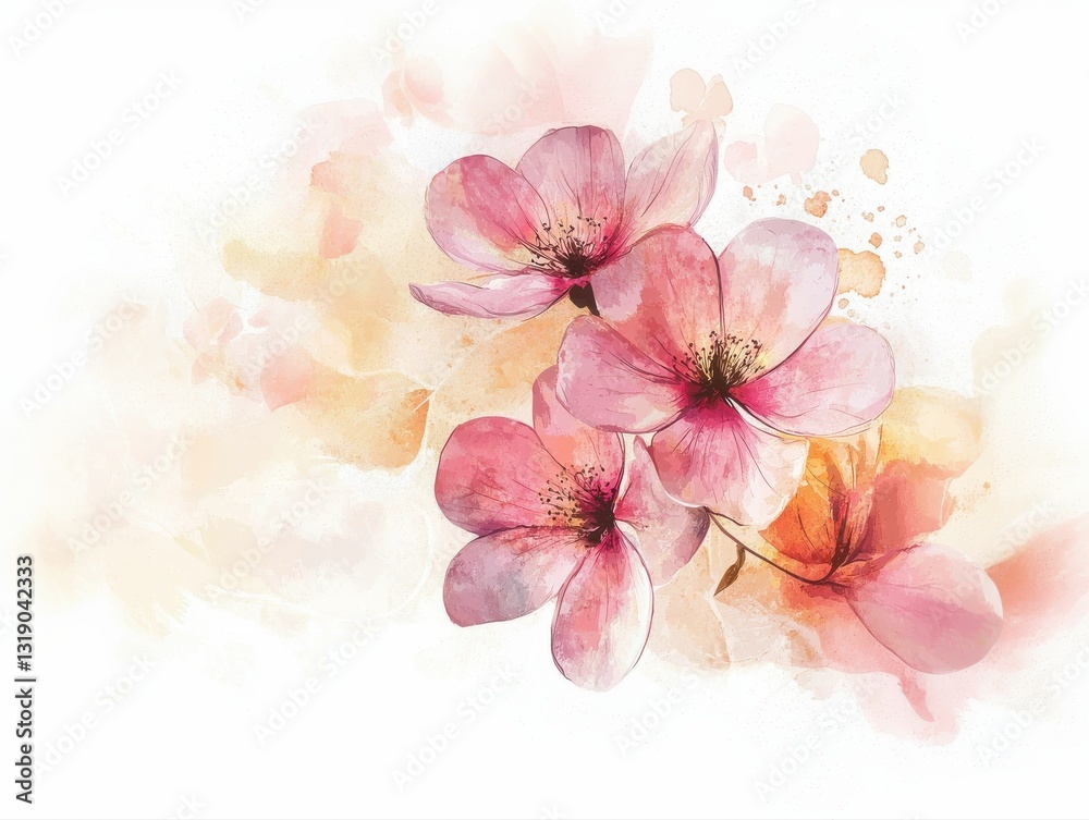 Obraz premium Delicate pink blossoms with soft watercolor splashes create a tranquil scene in spring, symbolizing renewal and beauty in nature's artwork
