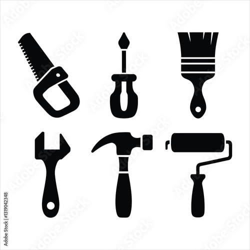 Black Tool Icons Set. Construction, Repair, DIY, Hand Tools Vector Silhouettes.