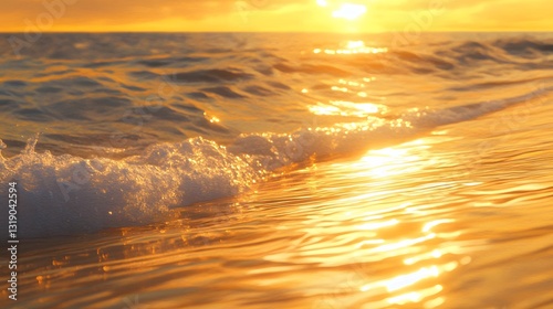 Golden light reflects off the ocean waves during sunset or sunrise