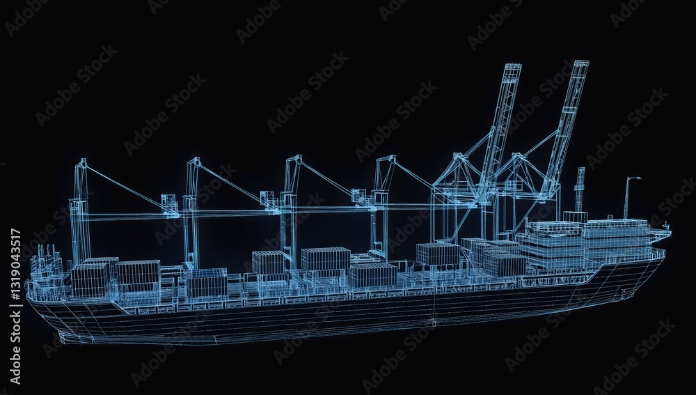 Fototapeta premium A blue wireframe of a cargo ship in the dark
