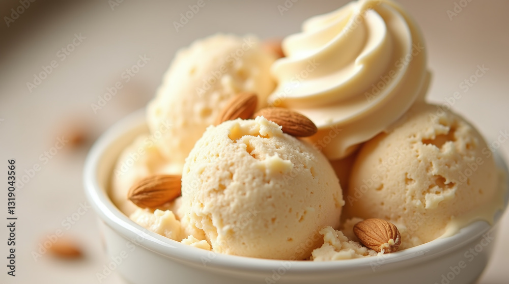 Amaretto and Almond Nut Ice-cream Swirls and Scoops Texture Close-up Amaretto and Almond Nut Ice-cream Swirls and Scoops Texture Close-up