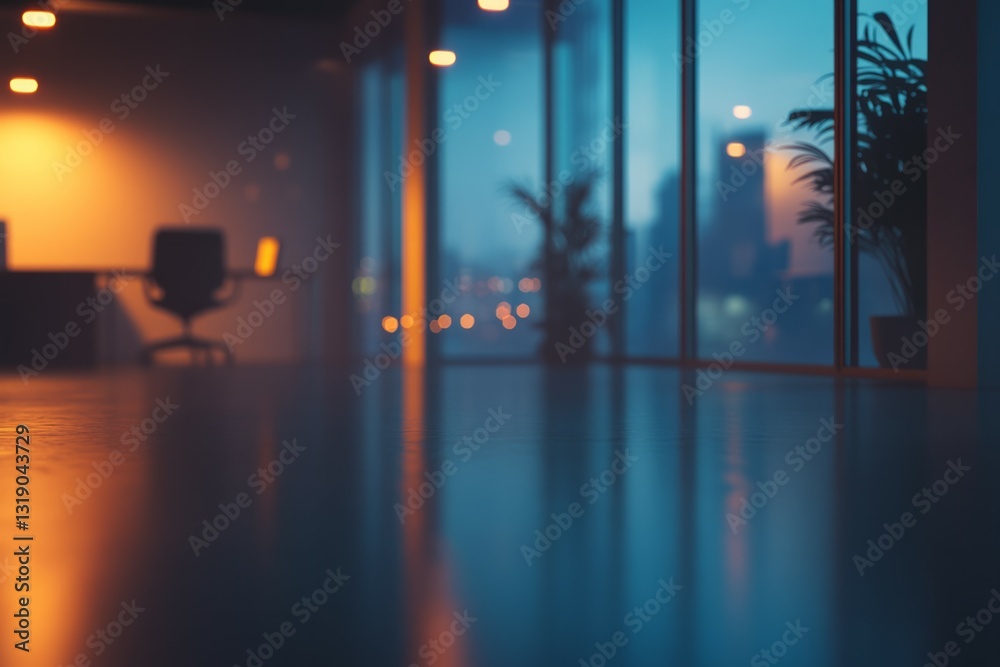 Fototapeta premium Serene office sunset with potted plant and laptop. AI generative