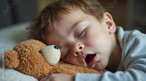 Enlarged Adenoids and Blocked Nose in Children, Little Child Boy Sleeping while Breathing with Open Mouth Hugging Teddy Bear Plush Toy, 