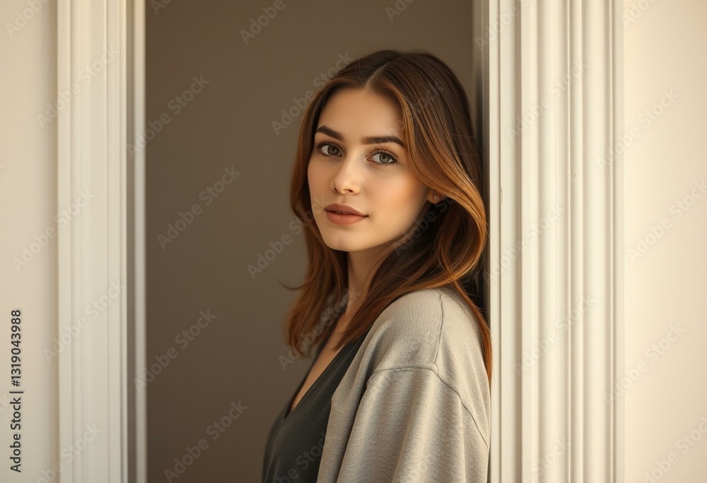 Female portrait in doorway with natural light Female portrait in doorway with natural light