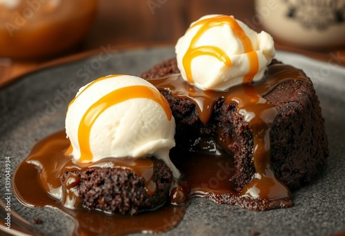 Rich chocolate lava cake with caramel sauce and vanilla ice cream photo