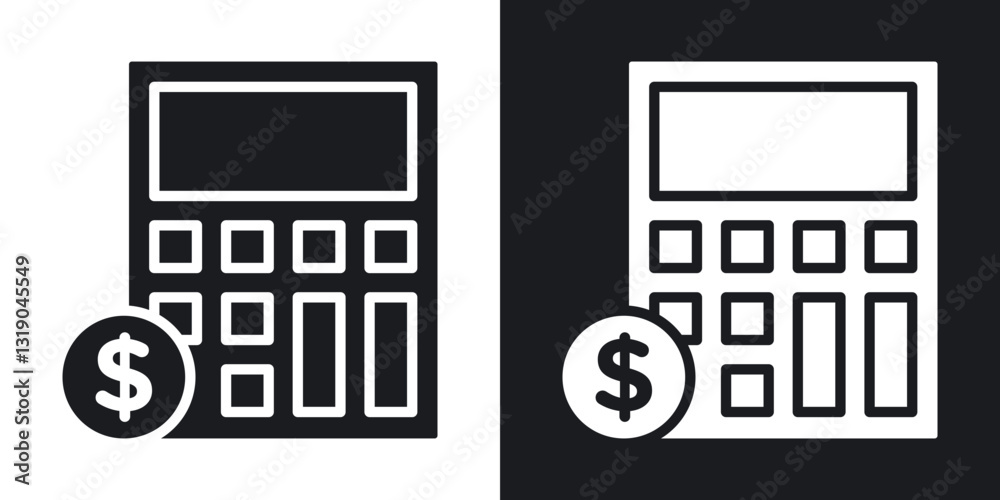 Calculator and dollar icons in solid black and white collection Calculator and dollar icons in solid black and white collection