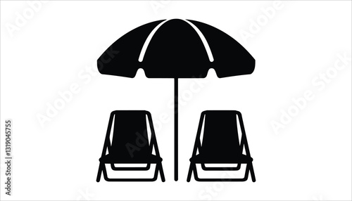 Beach Umbrella and Chairs. Summer Vacation Vector Icon for Travel and Holiday Designs.