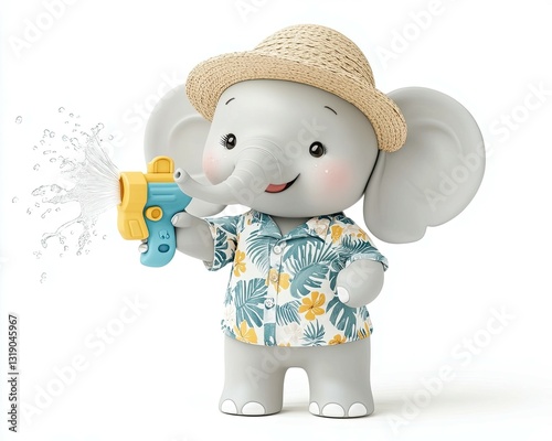 Songkran animal illustration Cute cartoon elephant wearing hat and shirt, playing with water gun on summer day