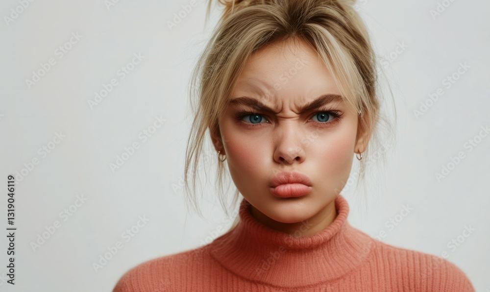 Naklejka premium Blonde beautiful woman model facial expressions in pink sweater