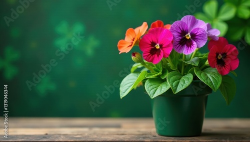 Vibrant African violets in an Irish-themed pot , african violet, bloom, green photo