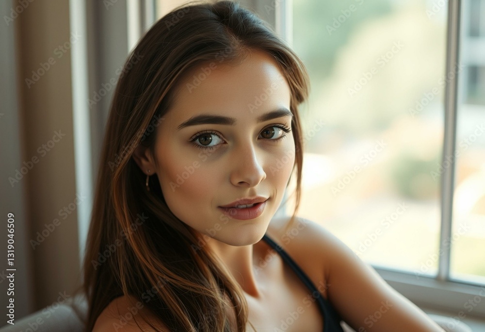 Photorealistic female portrait in a window Photorealistic female portrait in a window