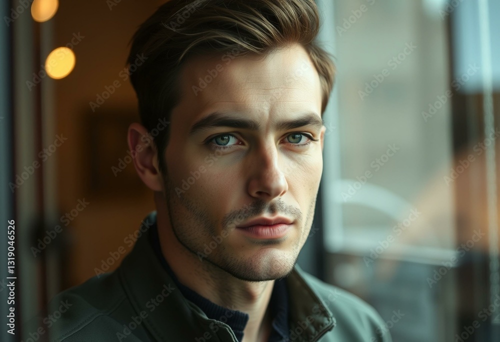 Naklejka premium Male portrait in a window with natural light