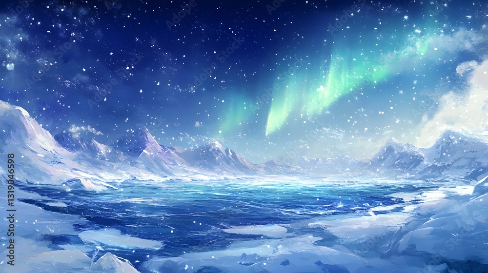 Fototapeta premium A beautiful snowy landscape with aurora lights in the sky