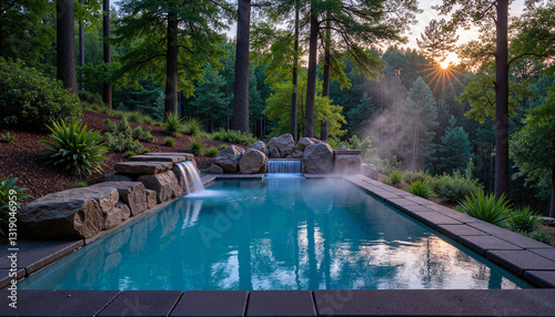 Tranquil natural pool with rocks at sunrise, serene escape