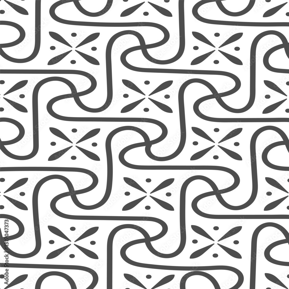 Obraz premium Seamless black and white geometric pattern with flower silhouettes