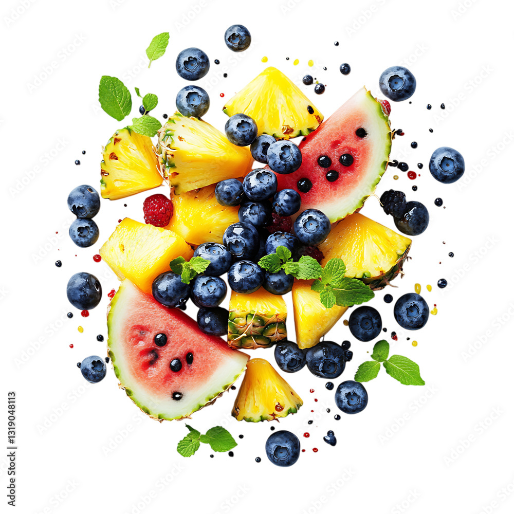 Fresh Blueberries Pineapple Watermelon and Fruit Scattering Isolated on Transparent Background Fresh Blueberries Pineapple Watermelon and Fruit Scattering Isolated on Transparent Background