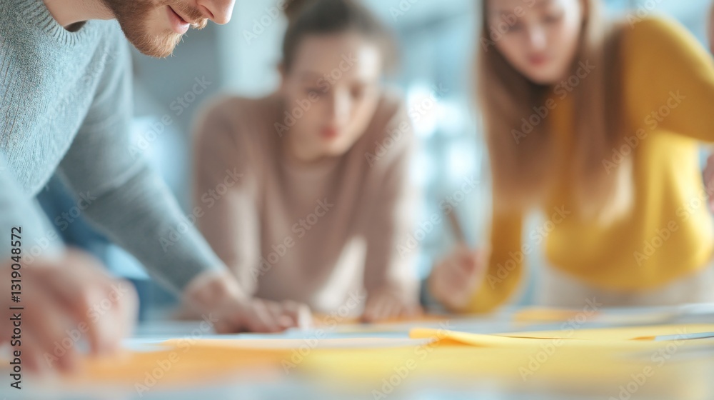 People collaborating on project plan, diverse team brainstorming on documents, bright office space, creative atmosphere. People collaborating on project plan, diverse team brainstorming on documents, bright office space, creative atmosphere.