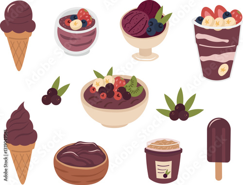 Brazilian acai isometric icons. Colorful vector illustration colection