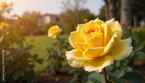 Vibrant yellow rose in macro shot, serene rose garden with smooth monochrome background