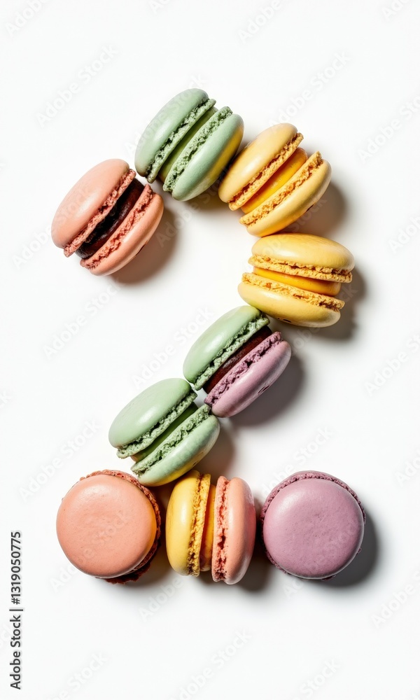 Obraz premium A vibrant and artistic representation of letters or numbers crafted from colorful macarons. The pastel hues of pink, green, yellow, and lavender create a visually delightful composition.