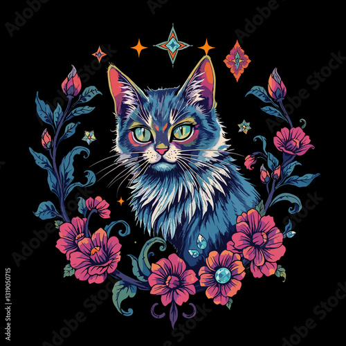 Illustration of a vibrant cat surrounded by colorful flowers and stars on black background with copy space