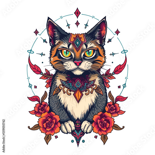 Illustration of a decorative cat with flowers and mystical patterns in vibrant colors and copy space