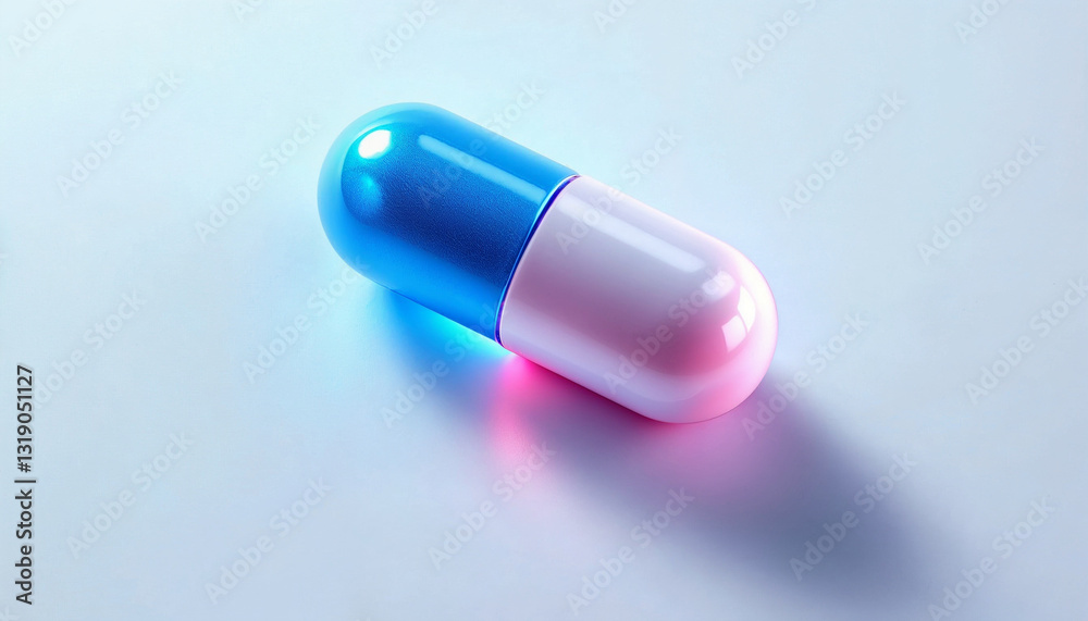 A digital rendering of a capsule pill, featuring a glossy, two-tone design with a blue top and a white bottom A digital rendering of a capsule pill, featuring a glossy, two-tone design with a blue top and a white bottom