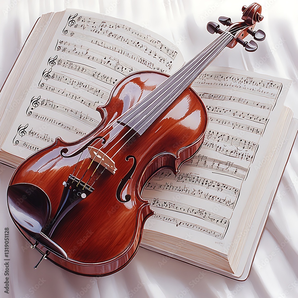 Fototapeta premium Violin Resting on Sheet Music, Classical Harmony