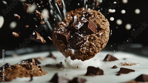 Professional Image of Cookies with Chocolate Chunks Falling into Milk for Culinary Concepts