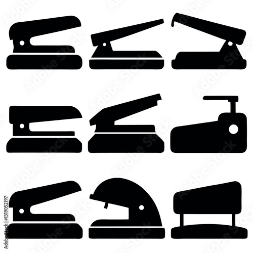 Set of 9 simple silhouette stapler logo icon.