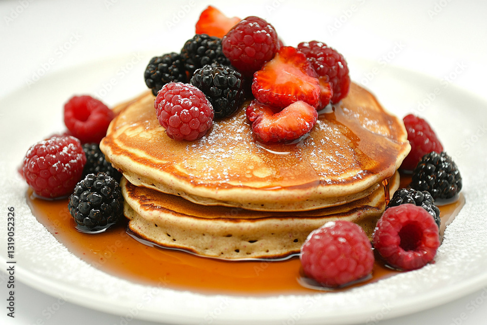 Pancakes with raspberry syrup and fresh berries, white background Pancakes with raspberry syrup and fresh berries, white background