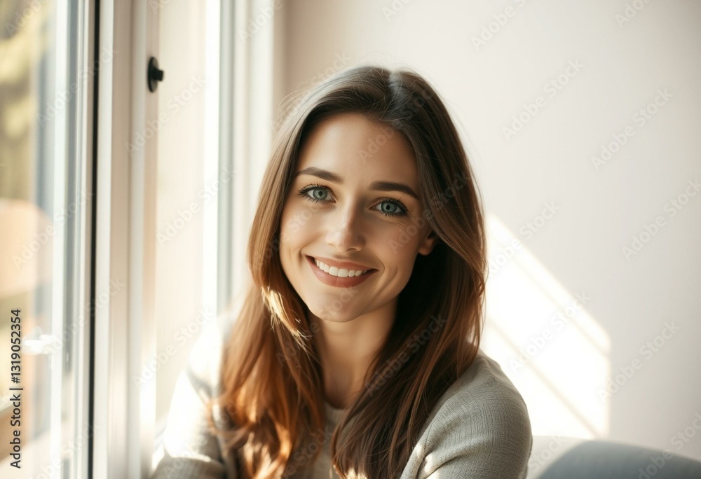 Natural light female portrait in a window Natural light female portrait in a window