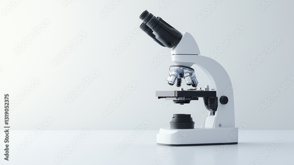 A modern laboratory microscope on a white surface. The image represents scientific research, medical technology, and laboratory equipment. A modern laboratory microscope on a white surface. The image represents scientific research, medical technology, and laboratory equipment.
