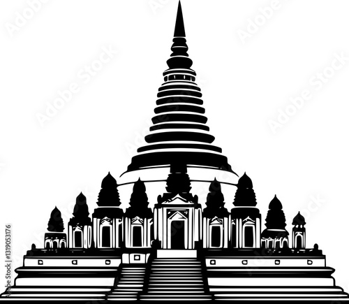 Borobudur Temple Monochrome Black and White Illustration Ancient Buddhist Monument Indonesia Religious Architecture Art Design Graphic Minimalistic Style Travel Culture History Spiritual Heritage