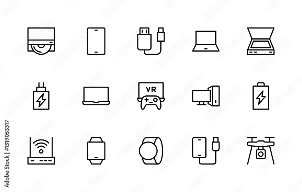 Electronic devices related vector linear icons set. Isolated icon collection such as hard drive, phone, scanner, headset and more. Electronic devices related vector linear icons set. Isolated icon collection such as hard drive, phone, scanner, headset and more.